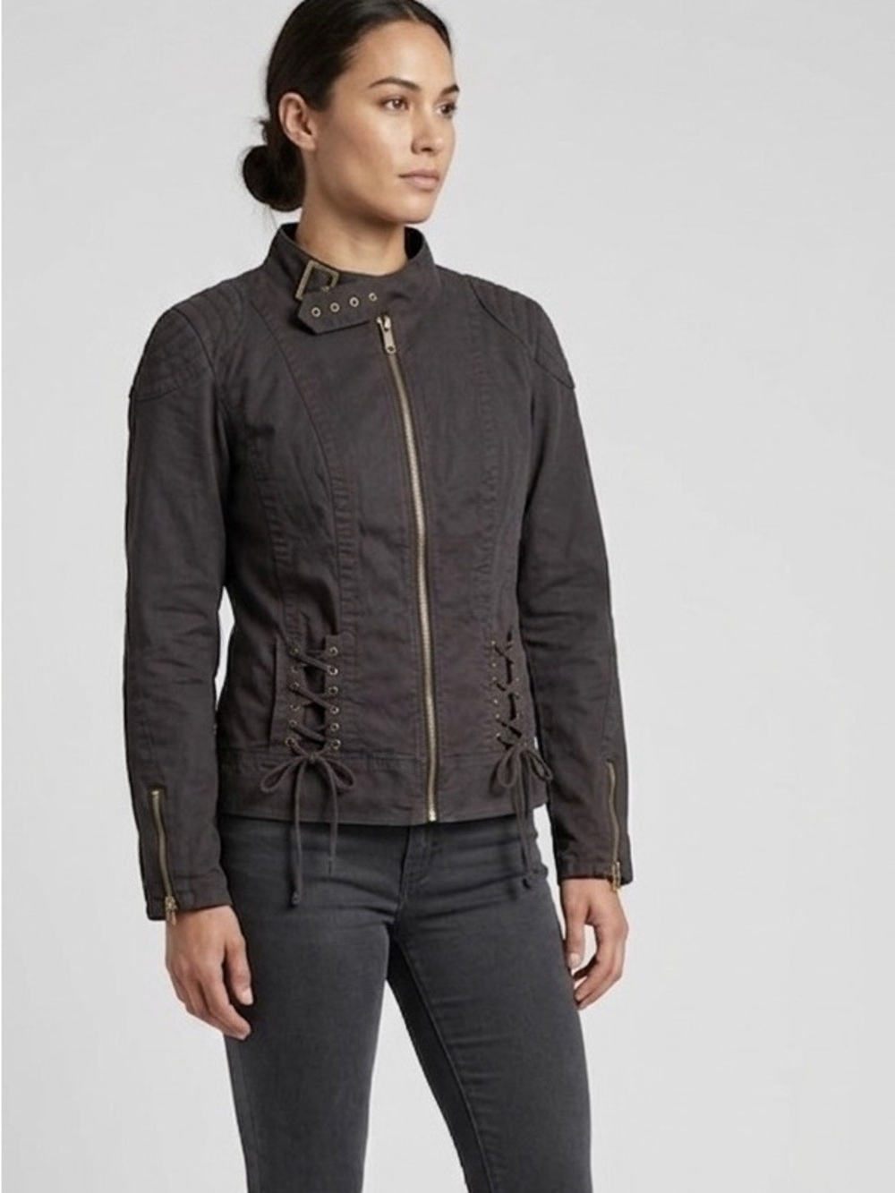 Love MXM Black Lace-Up Utility Moto Jacket with Gold Hardware Plus Size